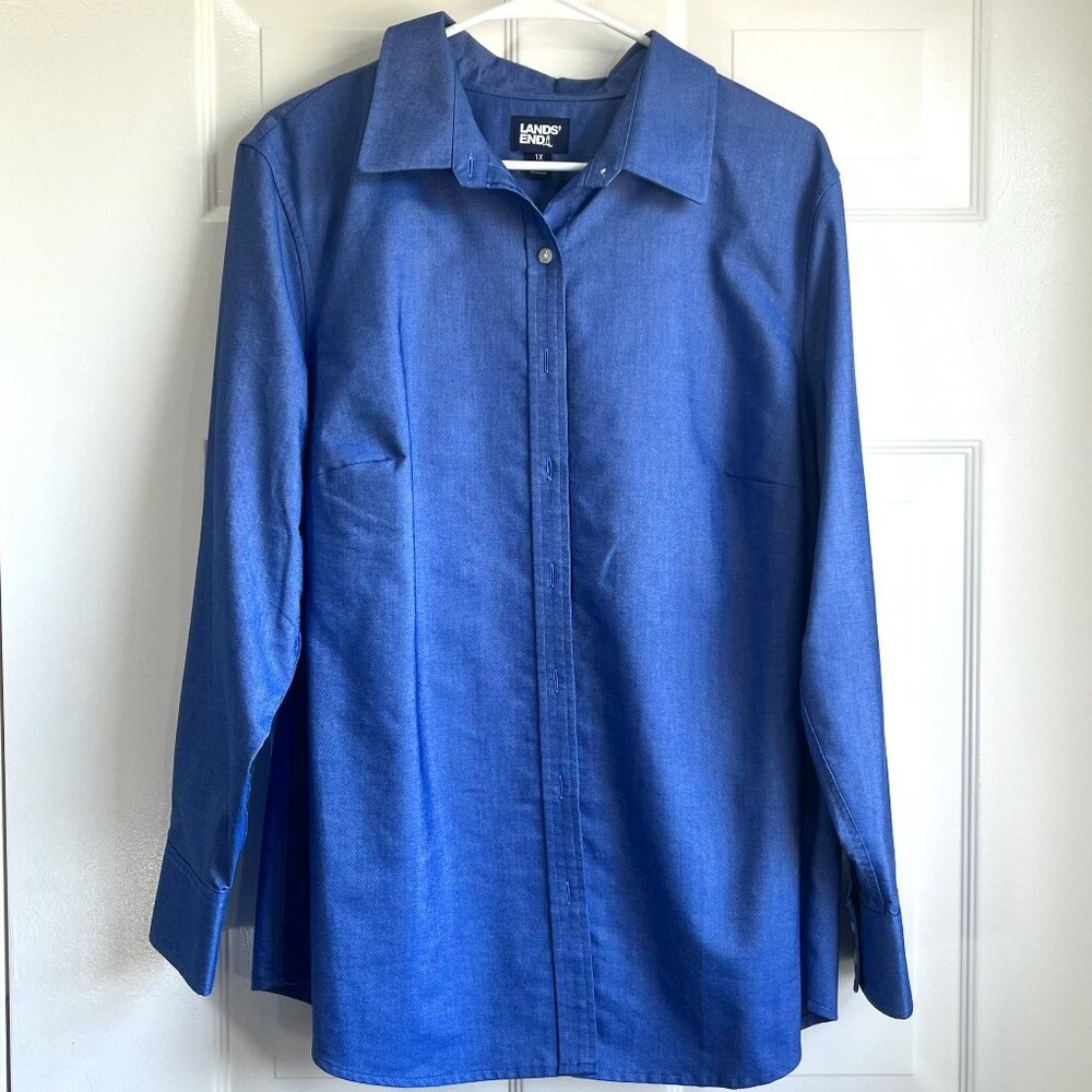 Land's End Button Down Preppy Blue Shirt Size 1XL 16/18 Women's Normcore